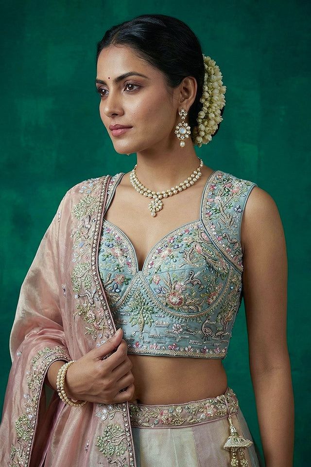 Multi Color Floral Embroidered Organza Lehenga (ACA9437)