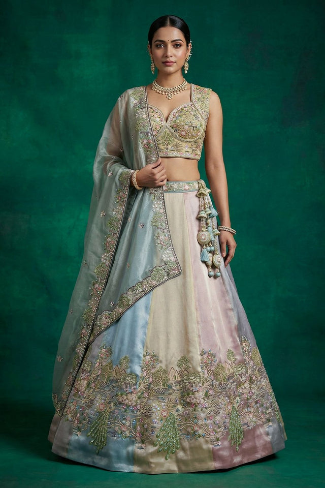 Multi Color Floral Embroidered Organza Lehenga (ACA9438)