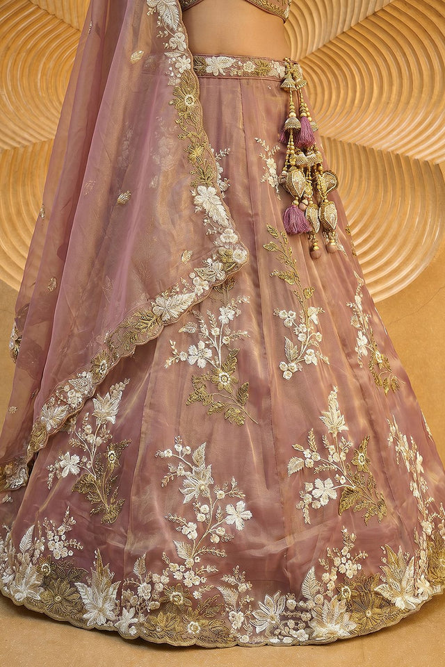 Pink Floral Embroidered Tissue Lehenga (ACA9439)