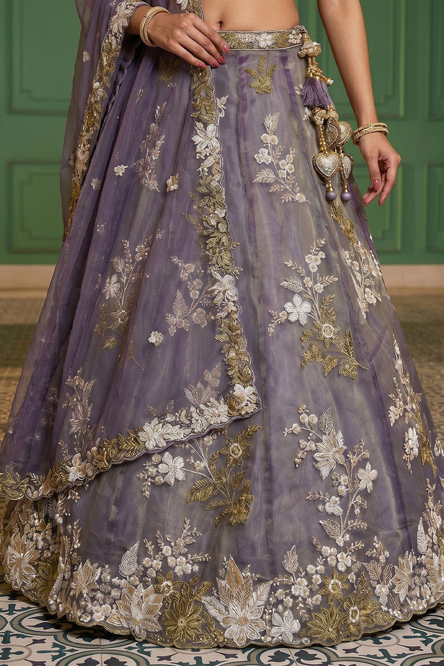 Purple Floral Embroidered Tissue Lehenga (ACA9440)