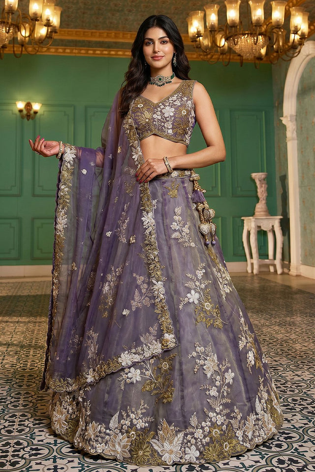 Purple Floral Embroidered Tissue Lehenga (ACA9440)
