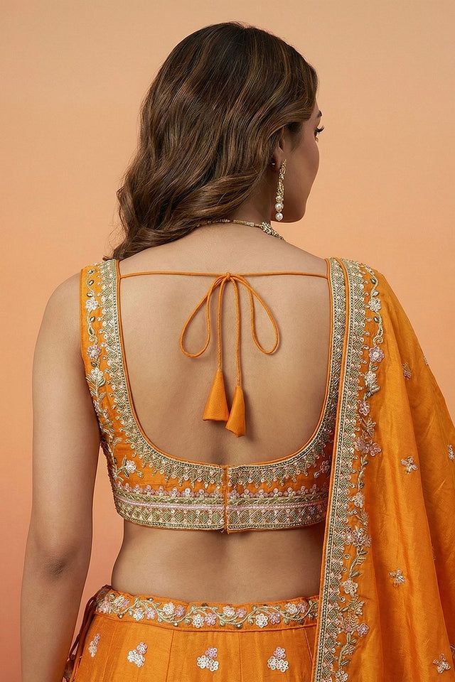 Orange Floral Embroidered Tissue Lehenga (ACA9442)