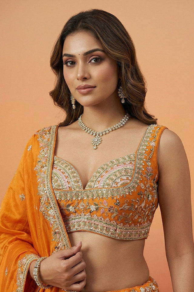 Orange Floral Embroidered Tissue Lehenga (ACA9442)