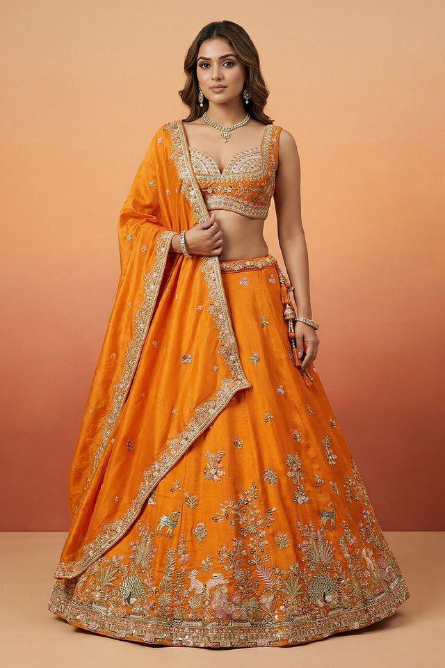 Orange Floral Embroidered Tissue Lehenga (ACA9442)