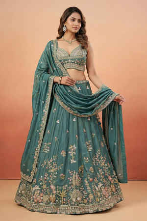 Turquoise Floral Embroidered Tissue Lehenga (ACA9443)