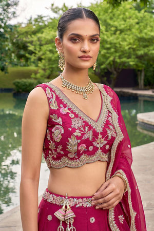 Red Floral Embroidered Tissue Lehenga (ACA9445)