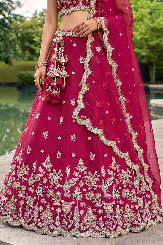 Red Floral Embroidered Tissue Lehenga (ACA9445)