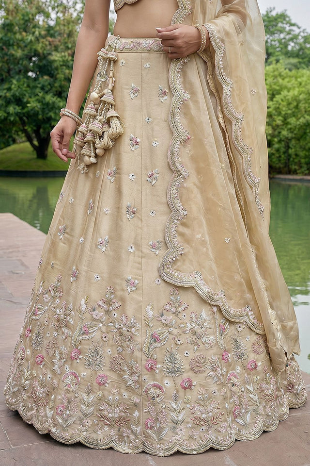 Brown Floral Embroidered Tissue Lehenga (ACA9446)