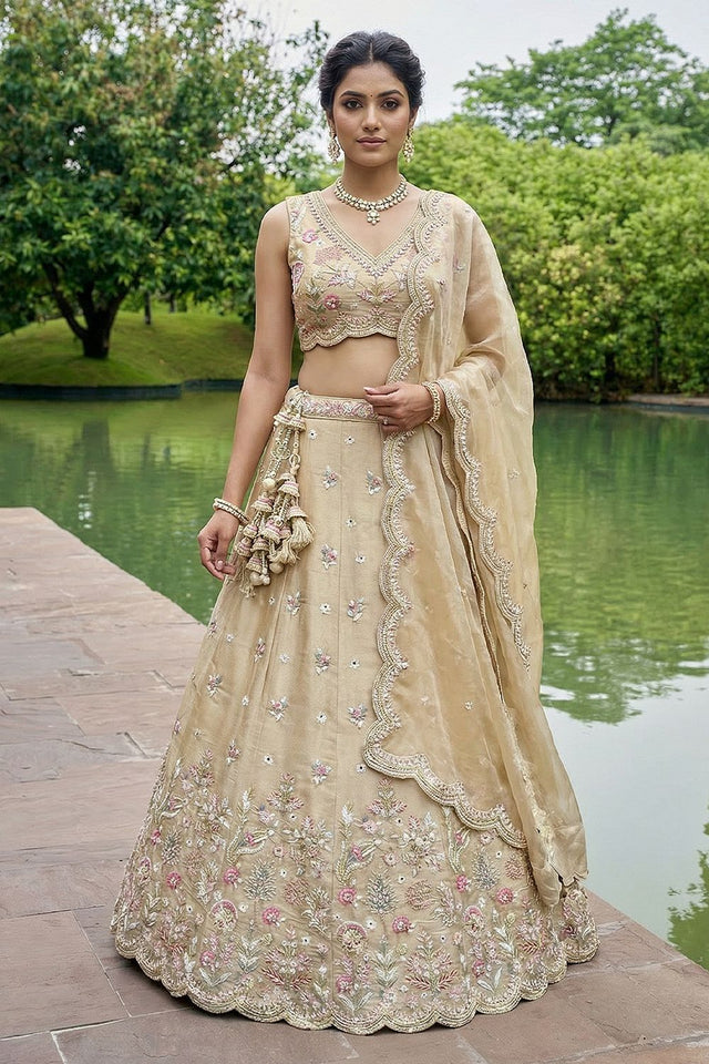 Brown Floral Embroidered Tissue Lehenga (ACA9446)