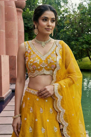 Yellow Floral Embroidered Tissue Lehenga (ACA9447)
