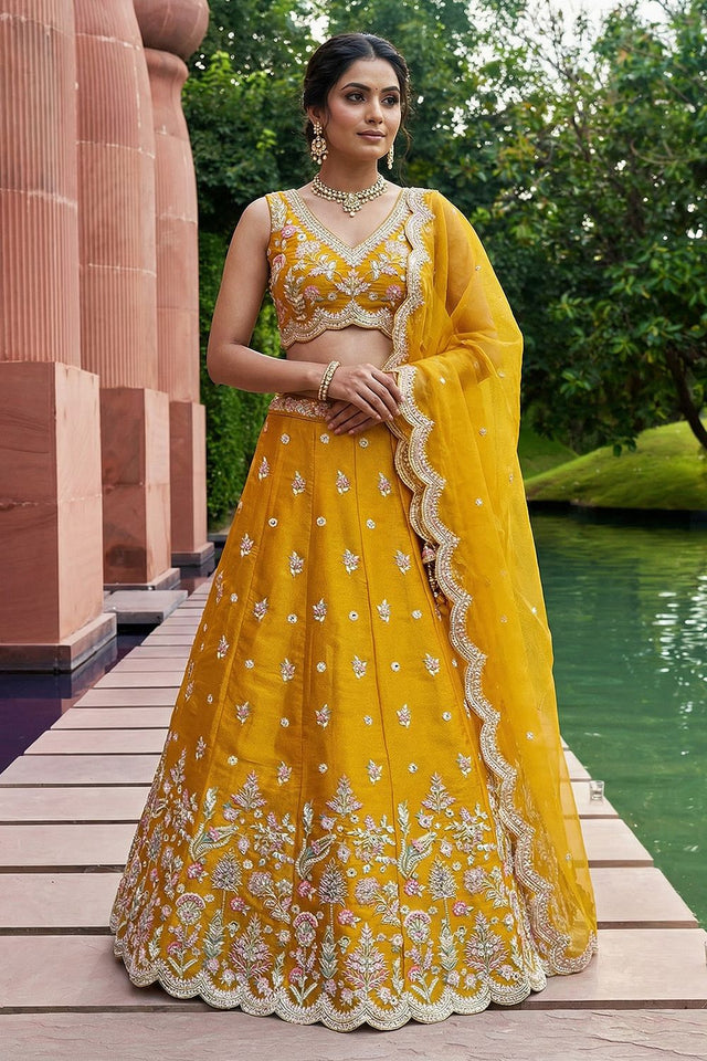 Yellow Floral Embroidered Tissue Lehenga (ACA9447)