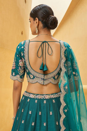 Turquoise Floral Embroidered Tissue Lehenga (ACA9448)