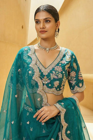 Turquoise Floral Embroidered Tissue Lehenga (ACA9448)