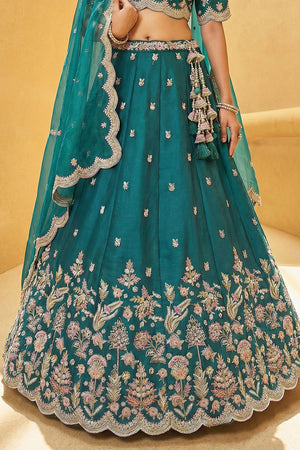 Turquoise Floral Embroidered Tissue Lehenga (ACA9448)