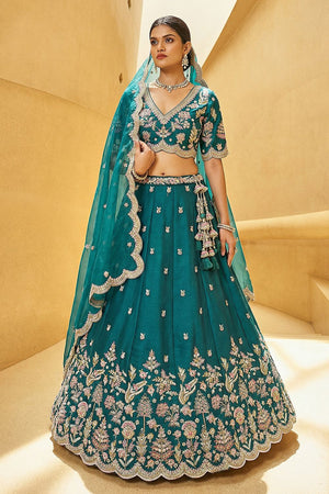 Turquoise Floral Embroidered Tissue Lehenga (ACA9448)