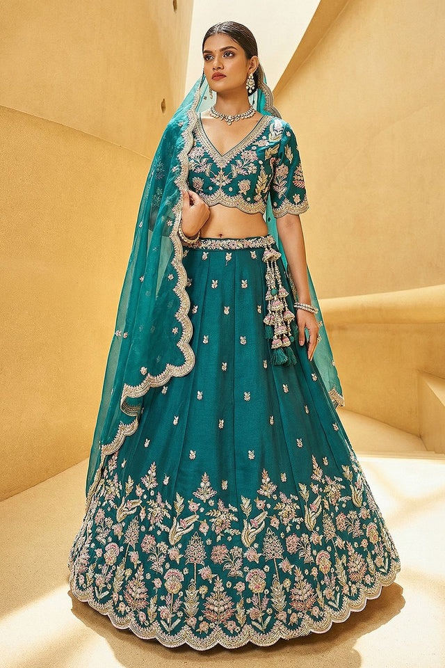 Turquoise Floral Embroidered Tissue Lehenga (ACA9448)