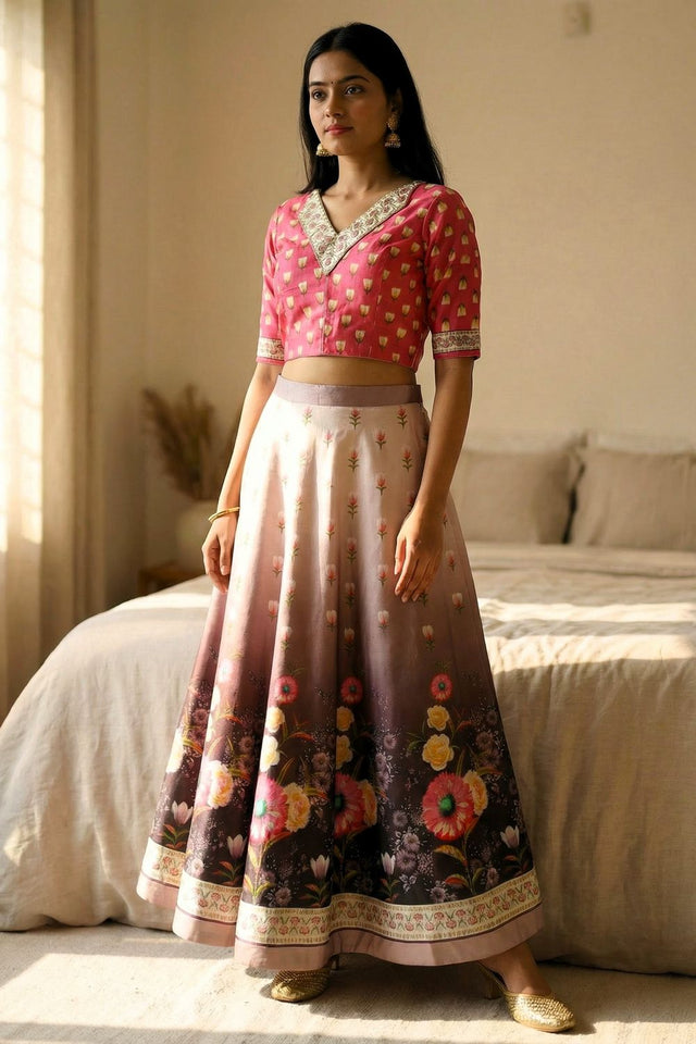 Brown Floral Printed Satin Lehenga (ACA9453)