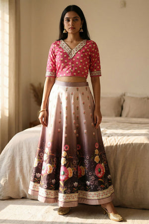 Brown Floral Printed Satin Lehenga (ACA9453)