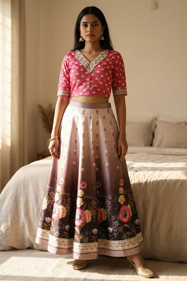 Brown Floral Printed Satin Lehenga (ACA9453)