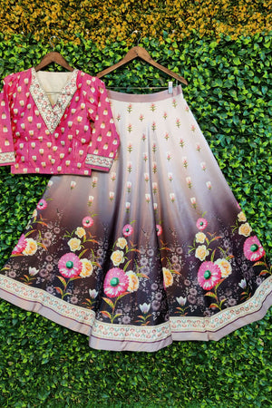 Brown Floral Printed Satin Lehenga (ACA9453)