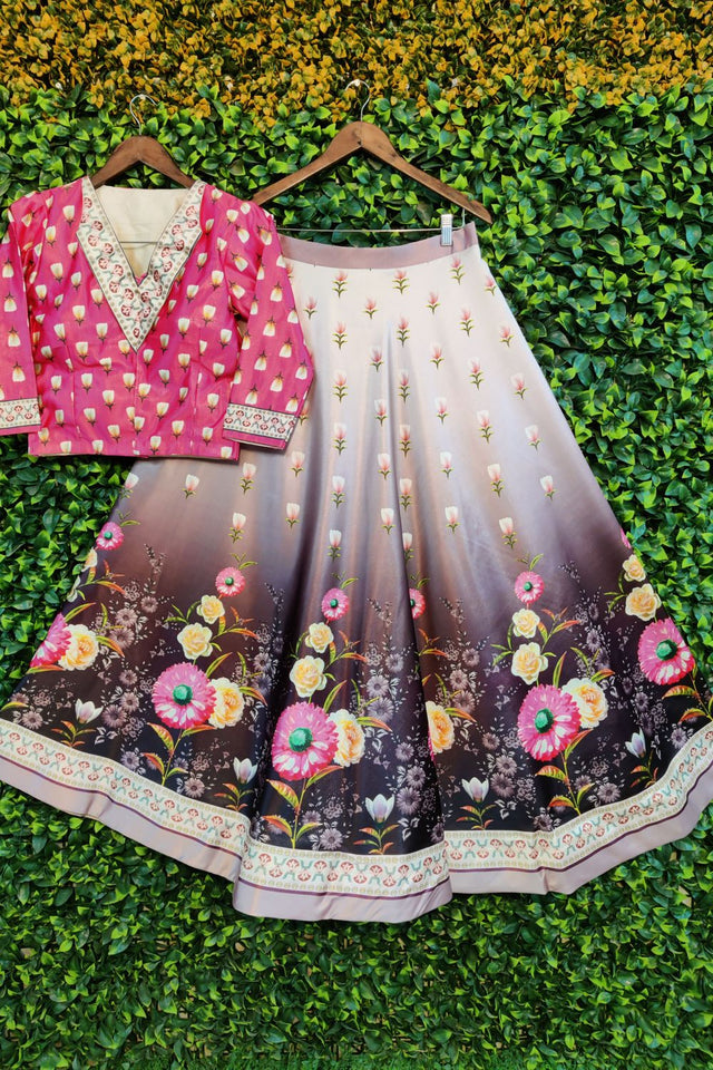 Brown Floral Printed Satin Lehenga (ACA9453)