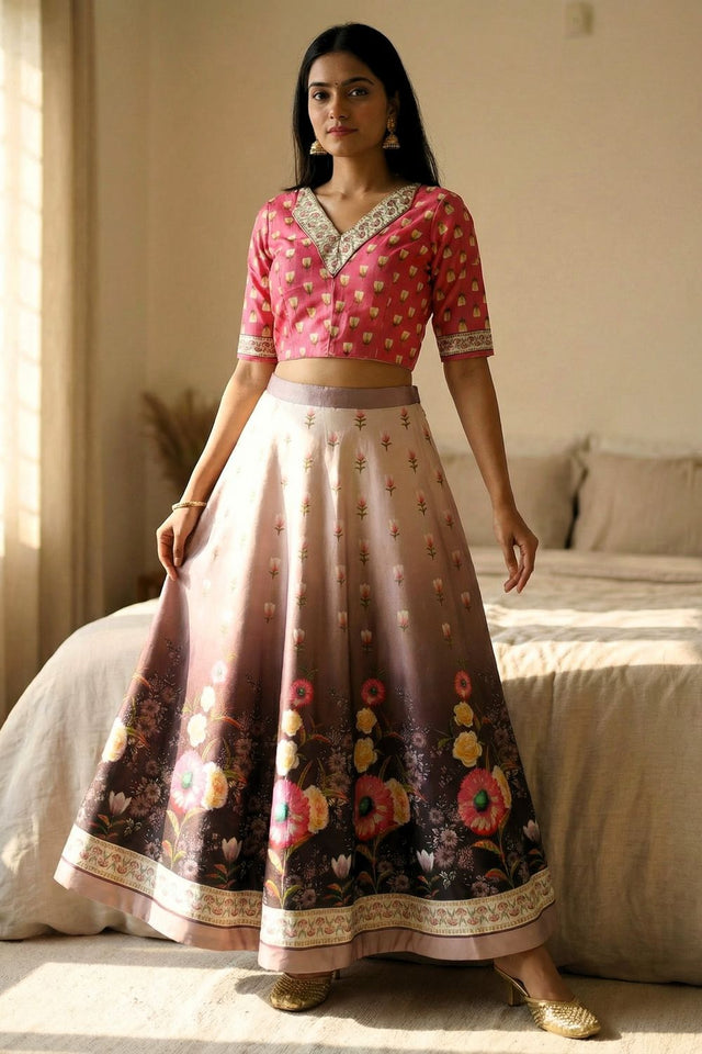 Brown Floral Printed Satin Lehenga (ACA9453)