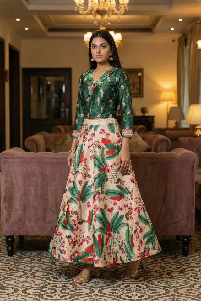 Cream Floral Printed Satin Lehenga (ACA9454)
