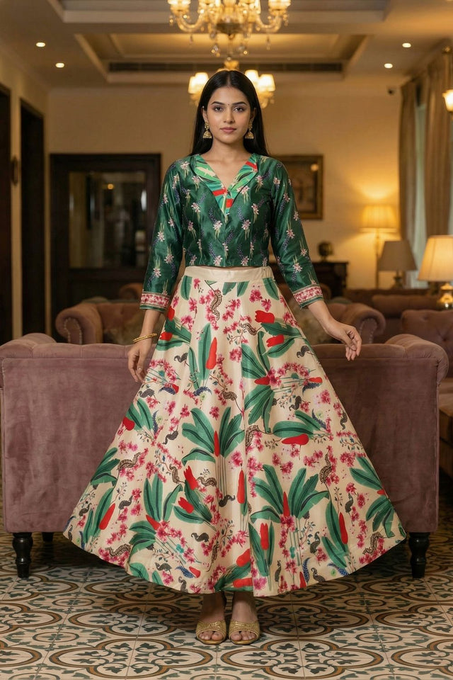 Cream Floral Printed Satin Lehenga (ACA9454)