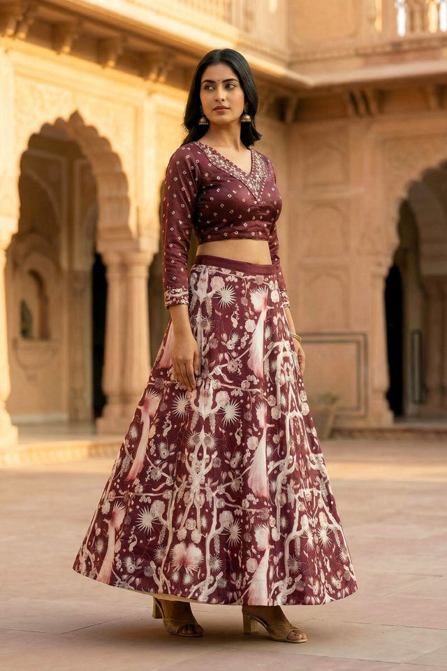 Maroon Floral Printed Satin Lehenga (ACA9455)