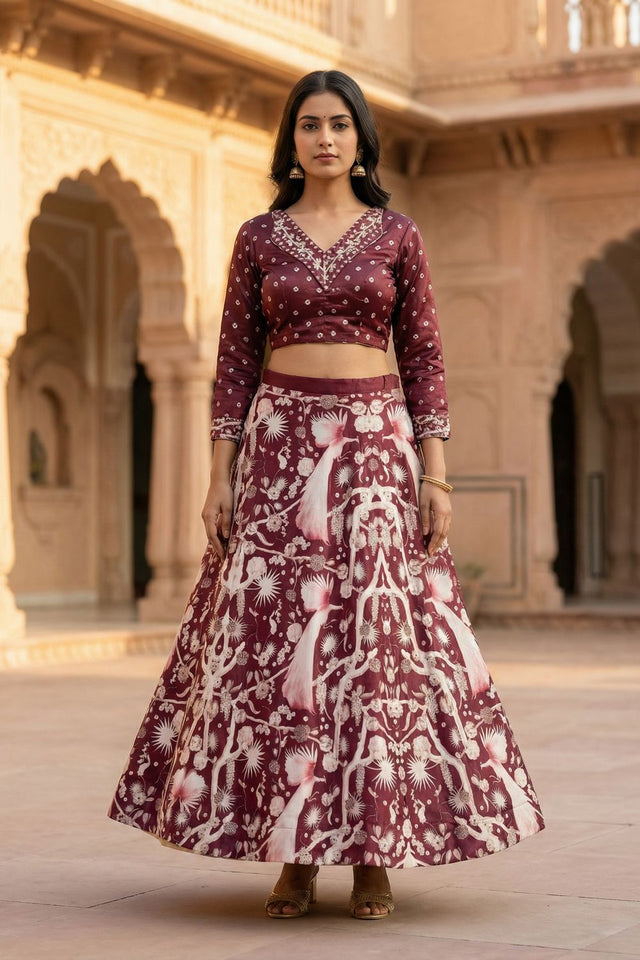 Maroon Floral Printed Satin Lehenga (ACA9455)