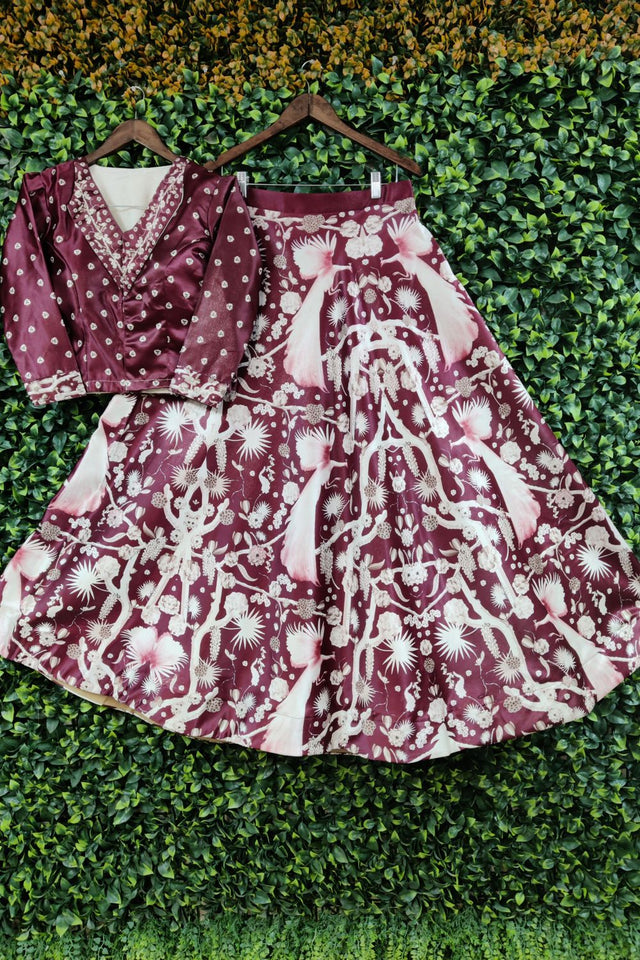 Maroon Floral Printed Satin Lehenga (ACA9455)