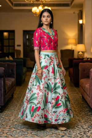Sea Green Floral Printed Satin Lehenga (ACA9456)
