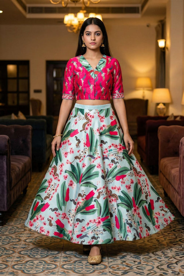 Sea Green Floral Printed Satin Lehenga (ACA9456)