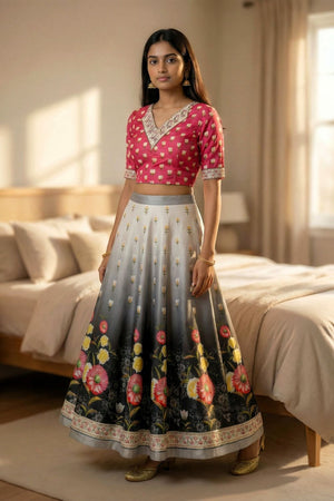 Grey Floral Printed Satin Lehenga (ACA9457)