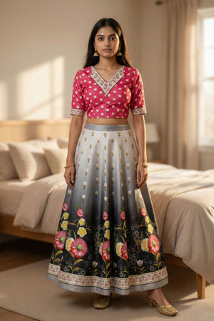 Grey Floral Printed Satin Lehenga (ACA9457)
