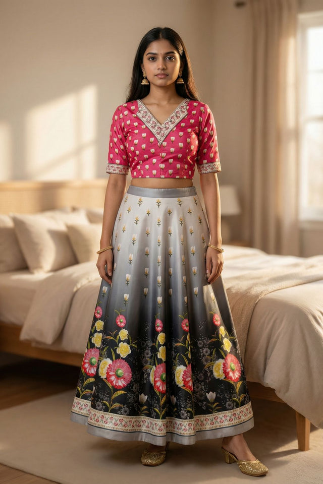 Grey Floral Printed Satin Lehenga (ACA9457)