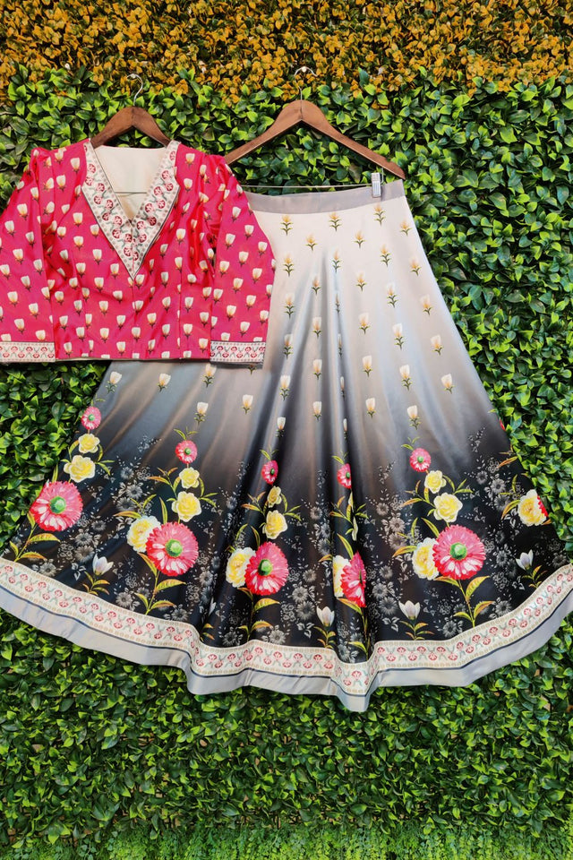 Grey Floral Printed Satin Lehenga (ACA9457)
