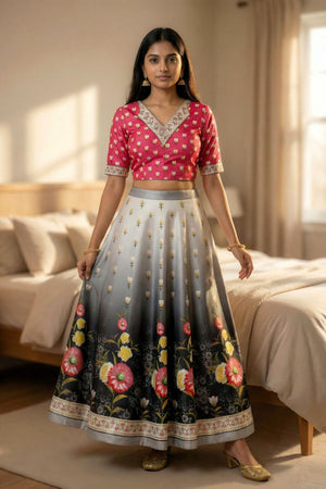 Grey Floral Printed Satin Lehenga (ACA9457)