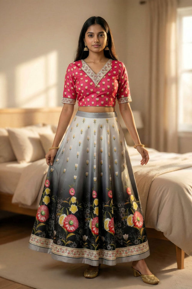 Grey Floral Printed Satin Lehenga (ACA9457)