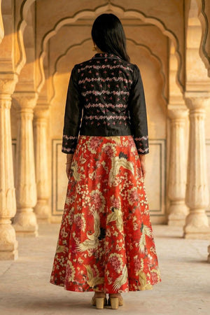 Red Floral Printed Satin Lehenga (ACA9458)