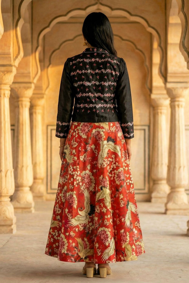 Red Floral Printed Satin Lehenga (ACA9458)