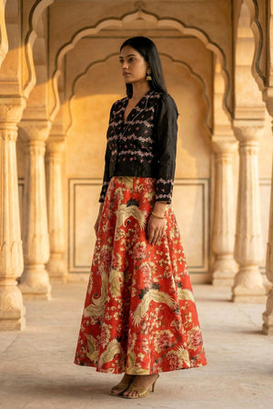 Red Floral Printed Satin Lehenga (ACA9458)