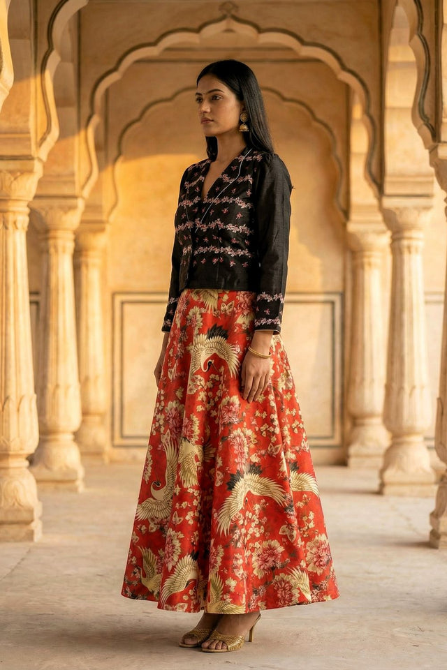 Red Floral Printed Satin Lehenga (ACA9458)