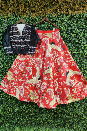 Red Floral Printed Satin Lehenga (ACA9458)