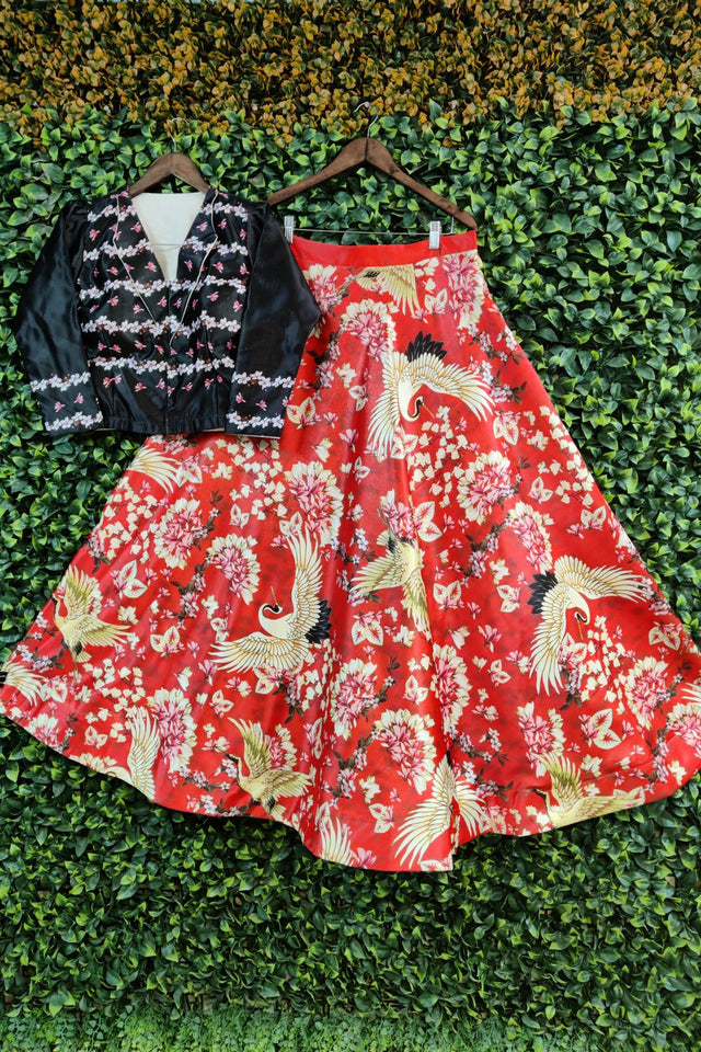 Red Floral Printed Satin Lehenga (ACA9458)