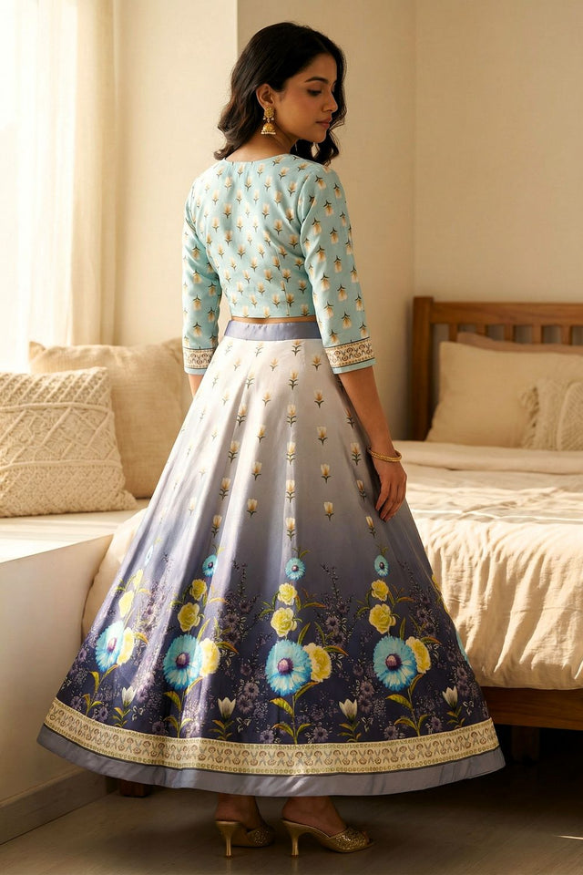 Blue Floral Printed Satin Lehenga (ACA9459)