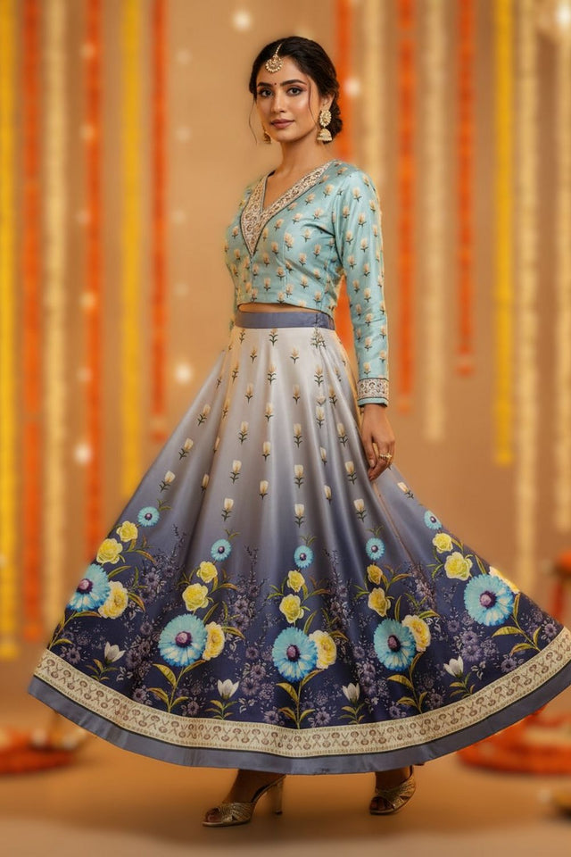 Blue Floral Printed Satin Lehenga (ACA9459)