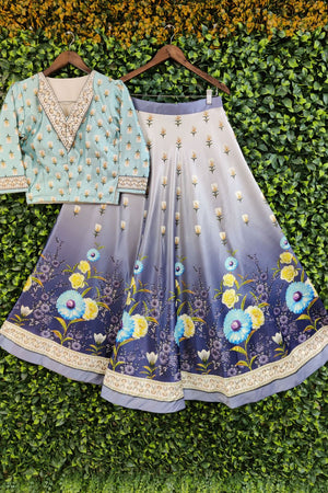 Blue Floral Printed Satin Lehenga (ACA9459)