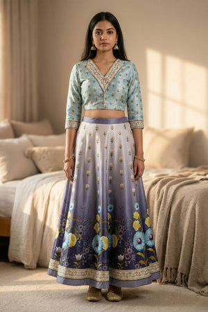 Blue Floral Printed Satin Lehenga (ACA9459)