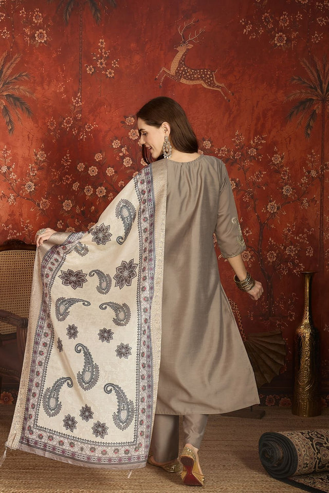 Grey Floral Embroidered Silk Straight Cut Suit (ACA9460)